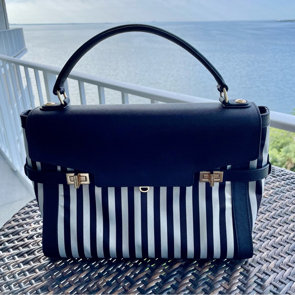 Miss Bendel- Signature Brown and White Striped Handbag with Black Top Handle
